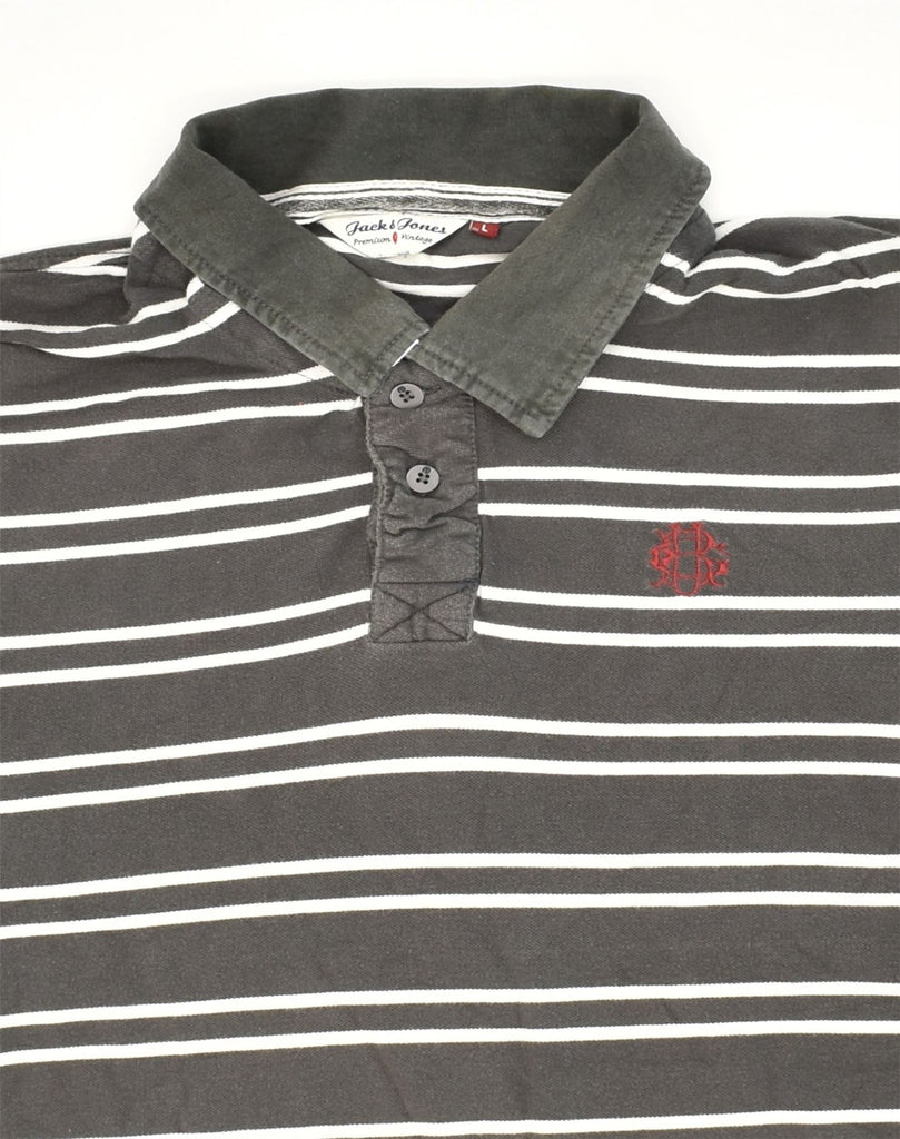 JACK & JONES Mens Polo Shirt Large Grey Striped Cotton | Vintage Jack & Jones | Thrift | Second-Hand Jack & Jones | Used Clothing | Messina Hembry 