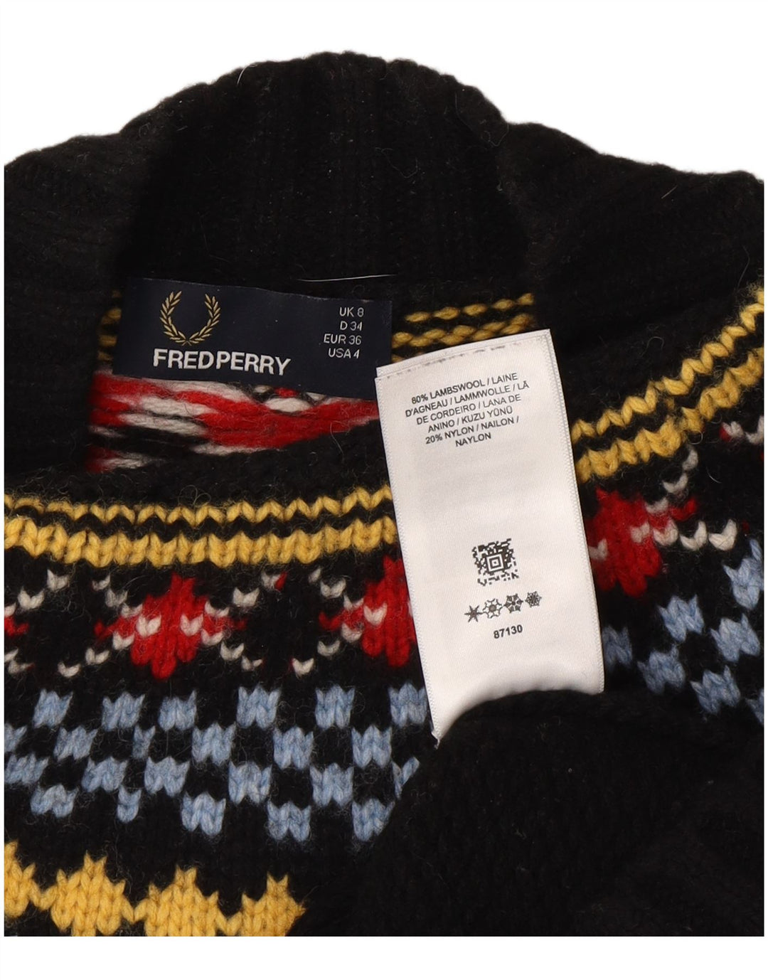 Fred Perry Womens Turtle Neck Jumper Sweater UK 8 Small Black Fair Isle