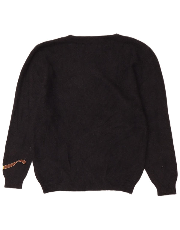 Vintage Womens Graphic Boat Neck Jumper Sweater UK 18 XL Black Angora