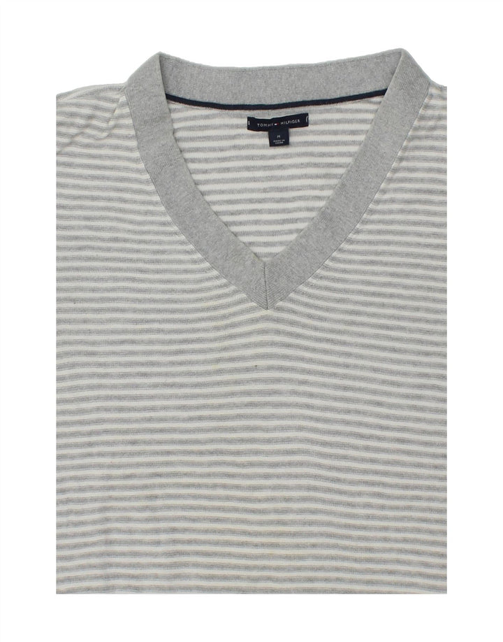 TOMMY HILFIGER Womens V-Neck Jumper Sweater UK 14 Medium Grey Striped Vintage Tommy Hilfiger and Second-Hand Tommy Hilfiger from Messina Hembry 