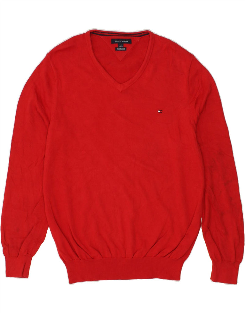 TOMMY HILFIGER Mens V-Neck Jumper Sweater Large Red Cotton | Vintage Tommy Hilfiger | Thrift | Second-Hand Tommy Hilfiger | Used Clothing | Messina Hembry 