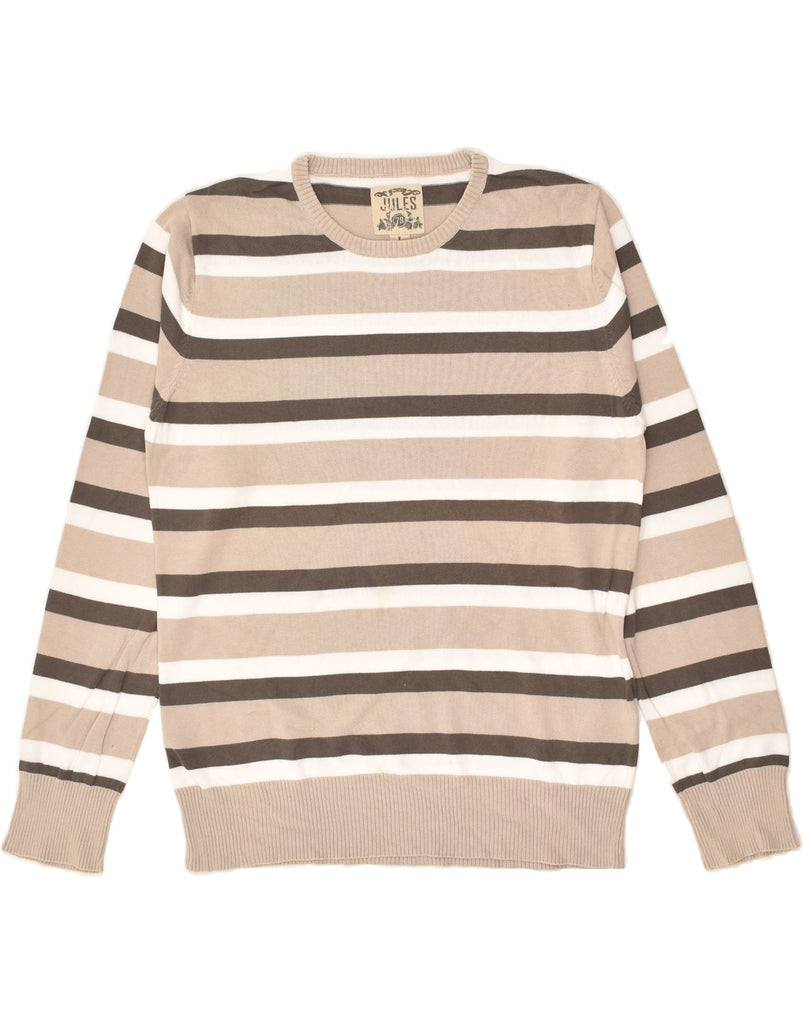 JULES Mens Crew Neck Jumper Sweater Large Beige Striped Cotton | Vintage Jules | Thrift | Second-Hand Jules | Used Clothing | Messina Hembry 