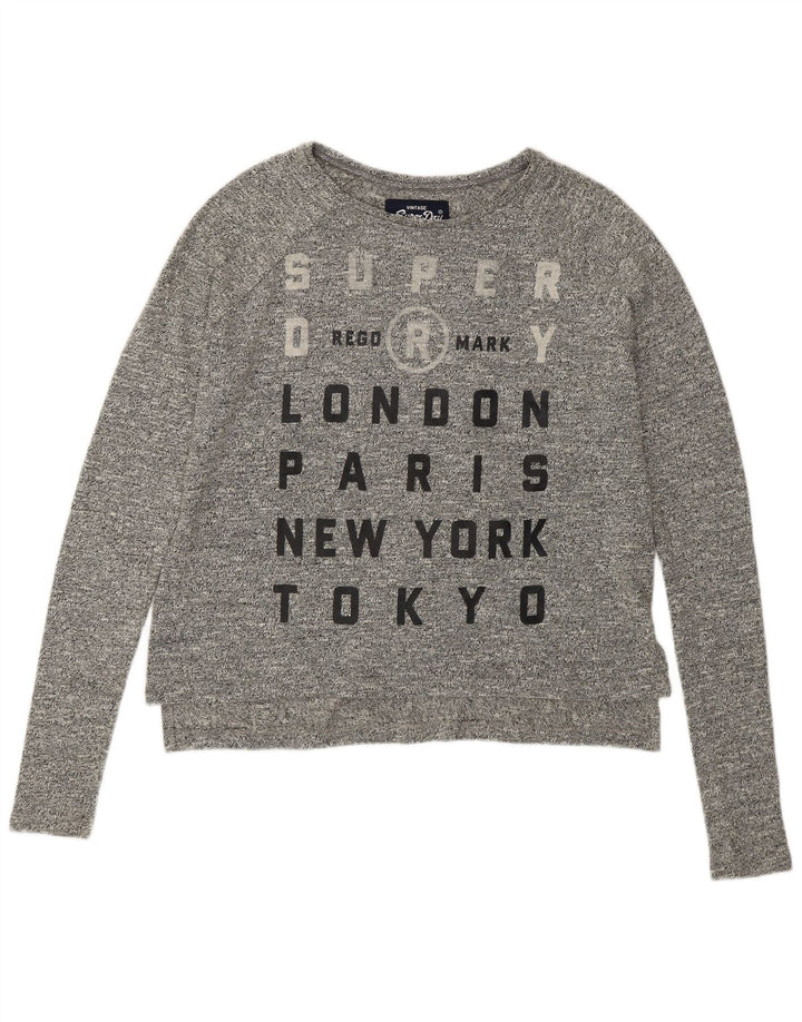 SUPERDRY Womens Oversized Graphic Top Long Sleeve UK 10 Small Grey Cotton