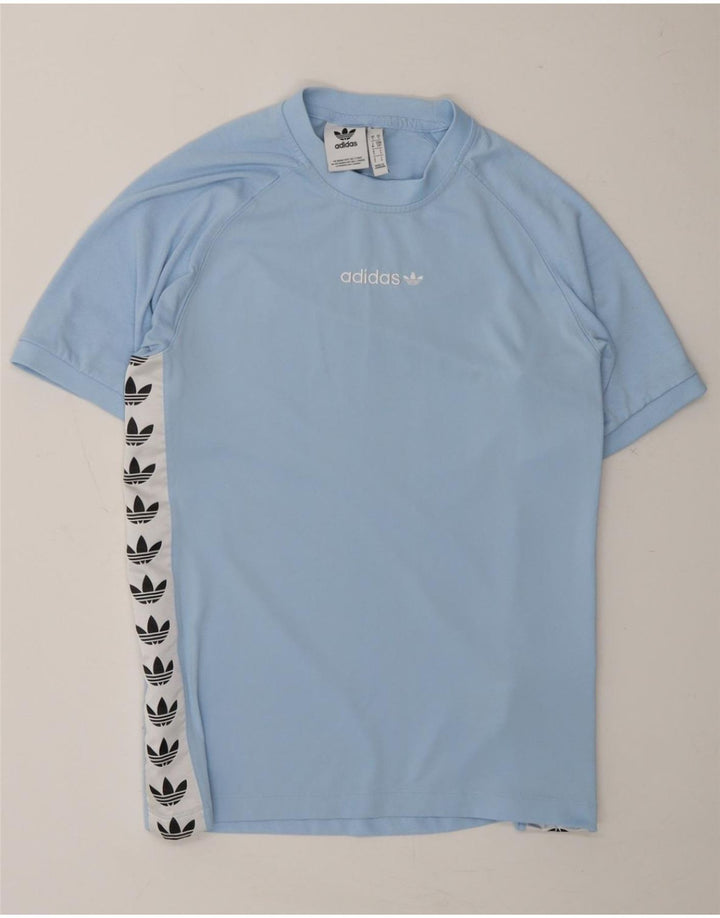 ADIDAS Mens Graphic T-Shirt Top Small Blue Colourblock Polyester Vintage Adidas and Second-Hand Adidas from Messina Hembry 