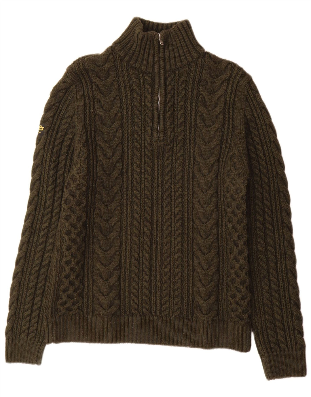 Superdry Mens Zip Neck Jumper Sweater Small Khaki Wool