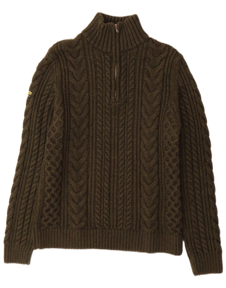 Superdry Mens Zip Neck Jumper Sweater Small Khaki Wool