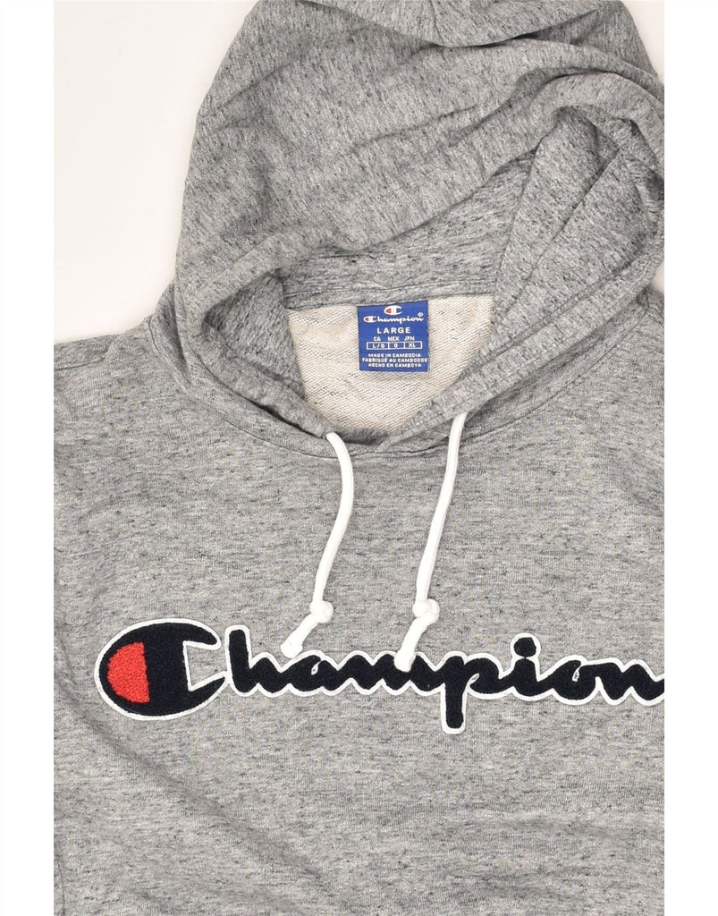 CHAMPION Womens Graphic Hoodie Jumper UK 16 Large Grey Flecked Cotton | Vintage Champion | Thrift | Second-Hand Champion | Used Clothing | Messina Hembry 