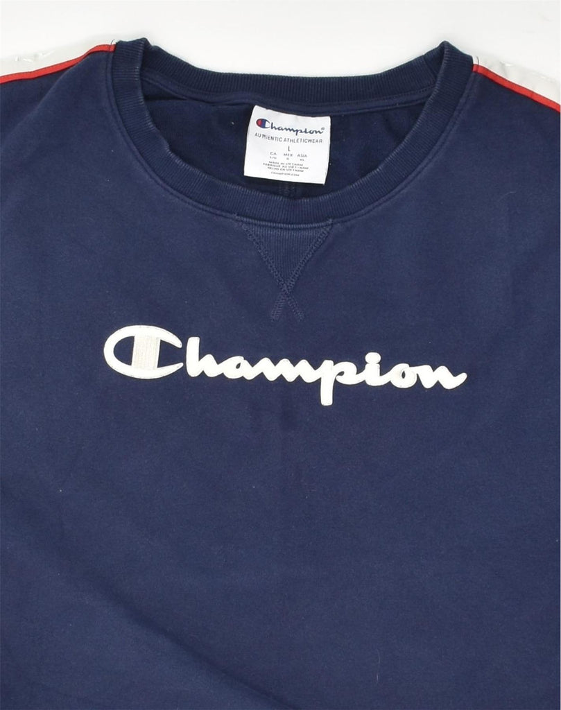 CHAMPION Womens Graphic Sweatshirt Jumper UK 16 Large Navy Blue Cotton | Vintage Champion | Thrift | Second-Hand Champion | Used Clothing | Messina Hembry 