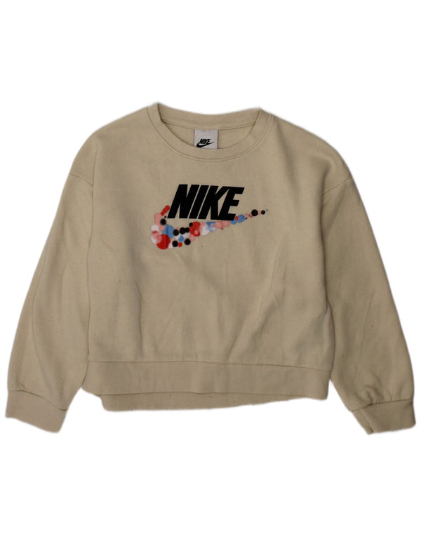 NIKE Girls Graphic Sweatshirt Jumper 5-6 Years Medium Off White Cotton