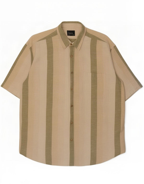 Woodpecker Mens Short Sleeve Shirt Size 43/44 XL Beige Striped Cotton