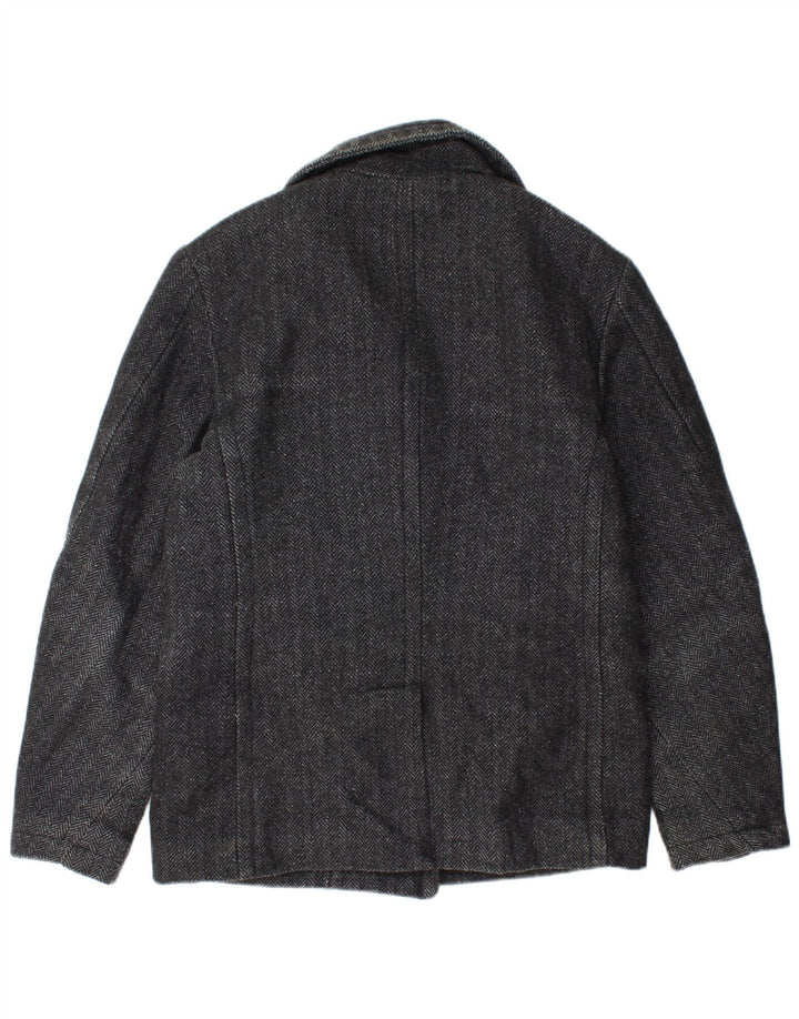 SUPERDRY Womens Pea Coat UK 14 Medium Black Herringbone Wool