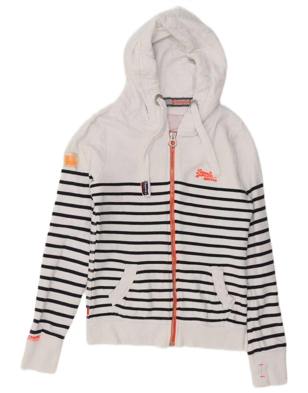 SUPERDRY Womens Zip Hoodie Sweater UK 6 XS White Striped Cotton