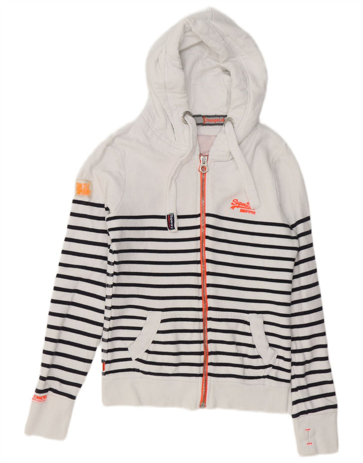 SUPERDRY Womens Zip Hoodie Sweater UK 6 XS White Striped Cotton