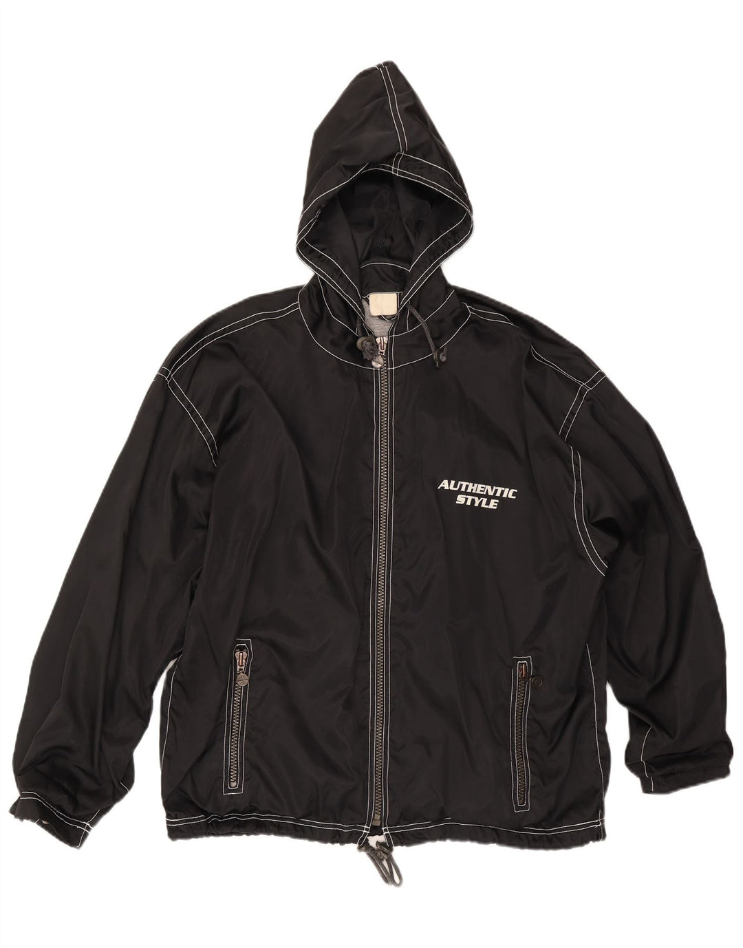 Vintage Mens Graphic Hooded Rain Jacket UK 40 Large Black