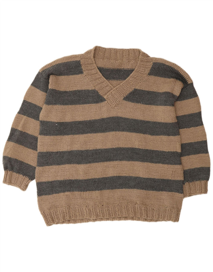 VINTAGE Mens V-Neck Jumper Sweater XL Beige Striped