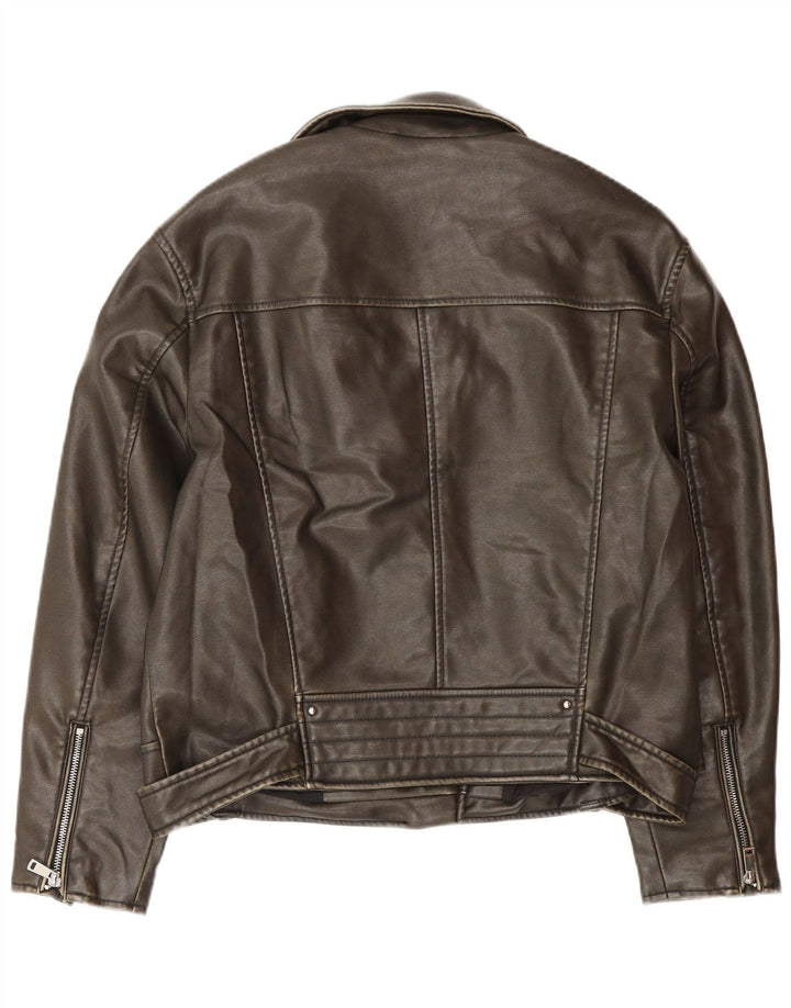 Zara Womens Leather Oversized Biker Jacket UK 10 Small Brown Polyester