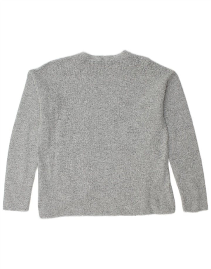 Benetton Womens Graphic Crew Neck Jumper Sweater UK 12 Medium Grey Flecked