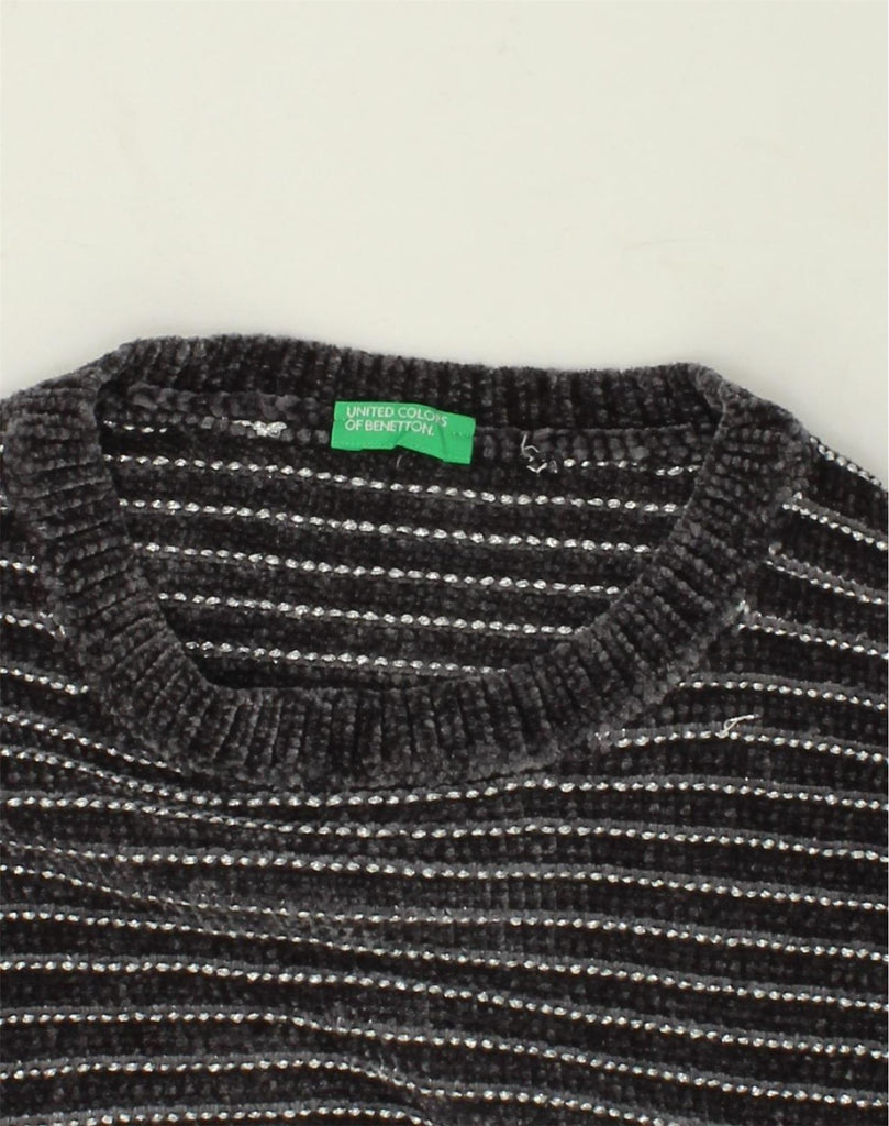 BENETTON Girls Fleece Jumper 11-12 Years 2XL Grey Striped Polyester | Vintage Benetton | Thrift | Second-Hand Benetton | Used Clothing | Messina Hembry 