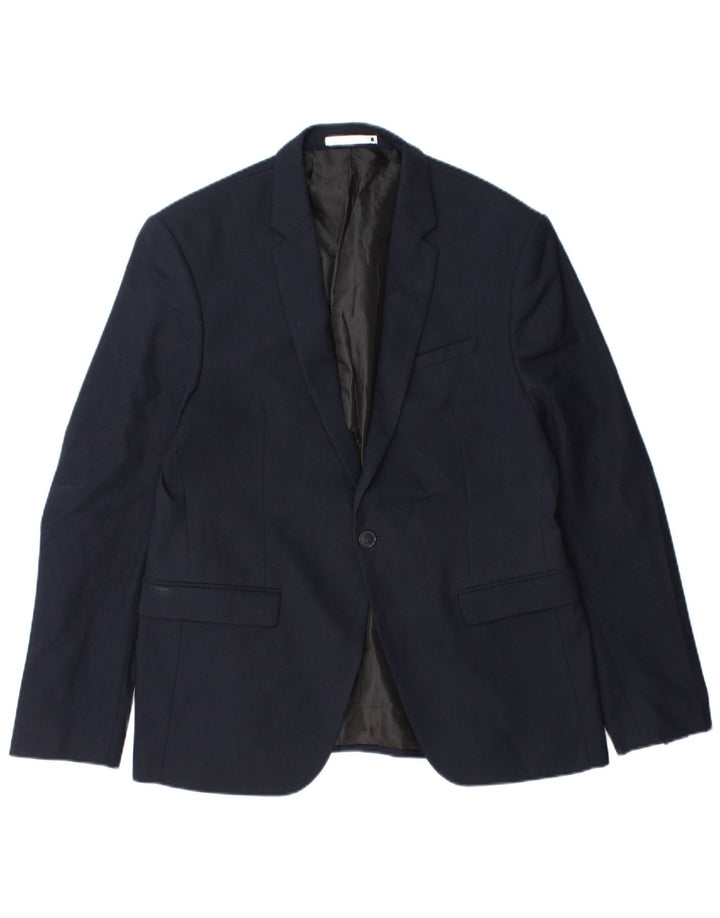 Zara Mens 1 Button Blazer Jacket EU 52 Large Navy Blue Polyester