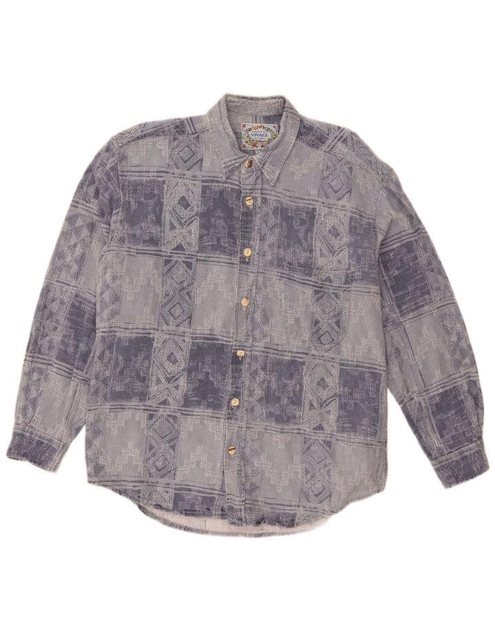 Vintage Mens Flannel Shirt Large Blue Geometric Cotton