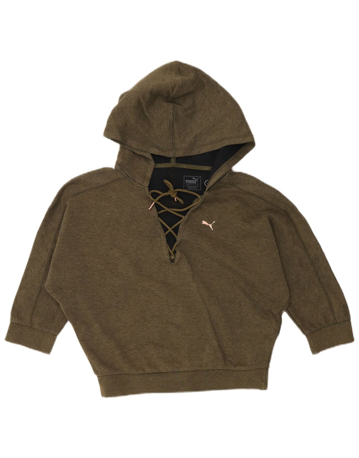 PUMA Womens 3/4 Sleeve Batwing Hoodie Jumper UK 10 Small Khaki Cotton