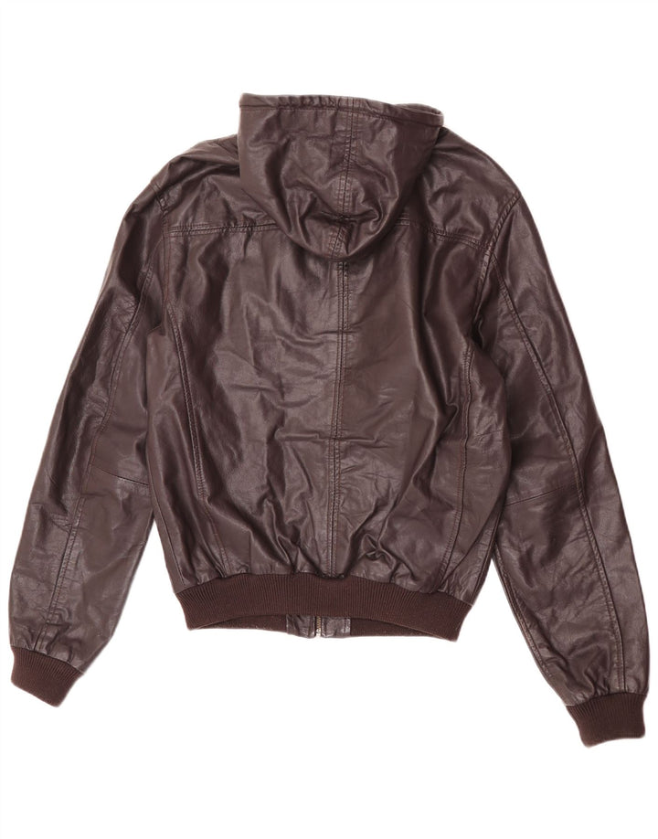 PEPE Jeans Mens Hooded Leather Jacket UK 36 Small Brown