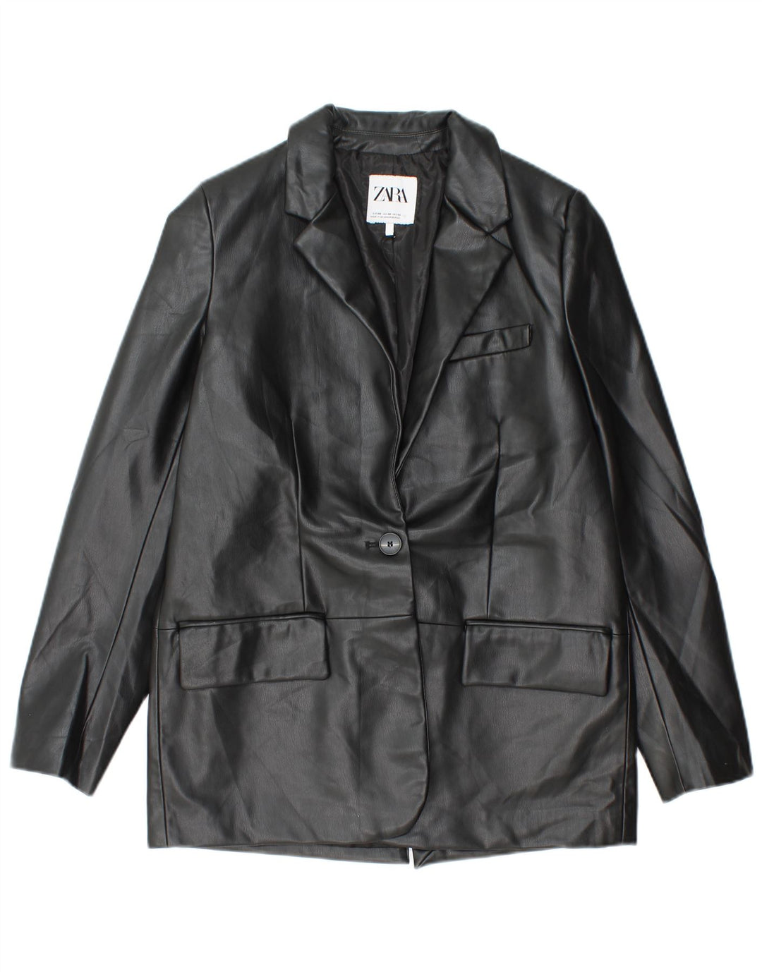 Zara Womens 1 Button Faux Leather Blazer Jacket UK 6 XS Black Polyethylene