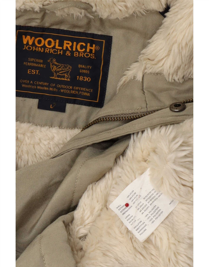 Woolrich Mens Hooded Shearling Jacket UK 40 Large Khaki Nylon