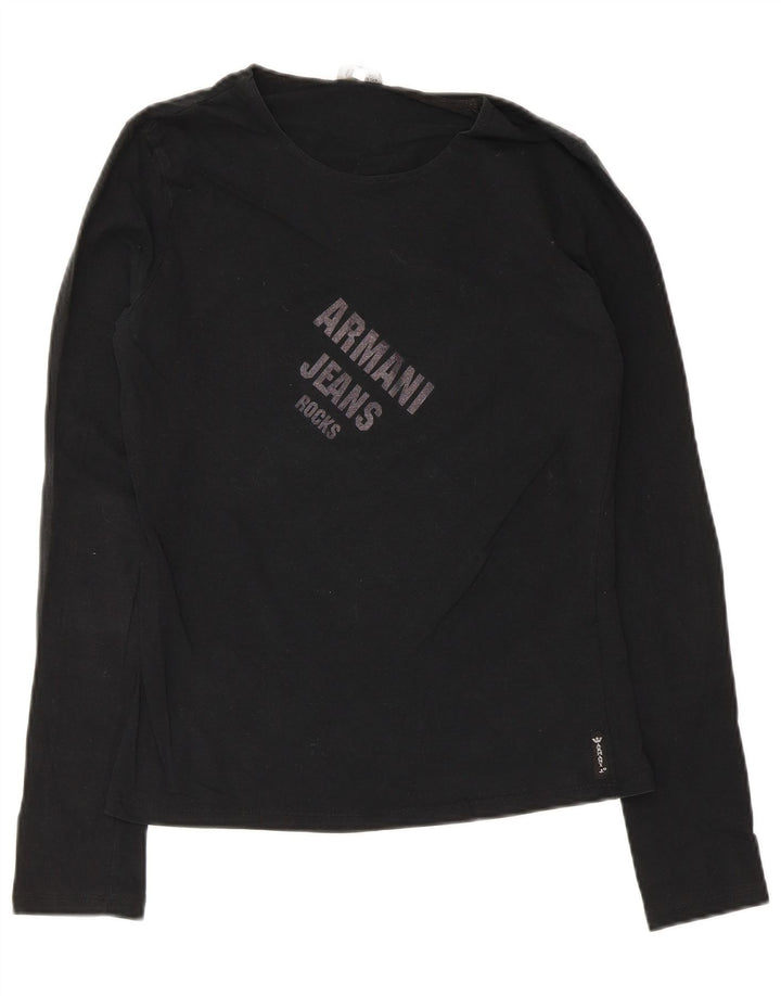 Armani Jeans Womens Graphic Top Long Sleeve UK 14 Medium Black Cotton