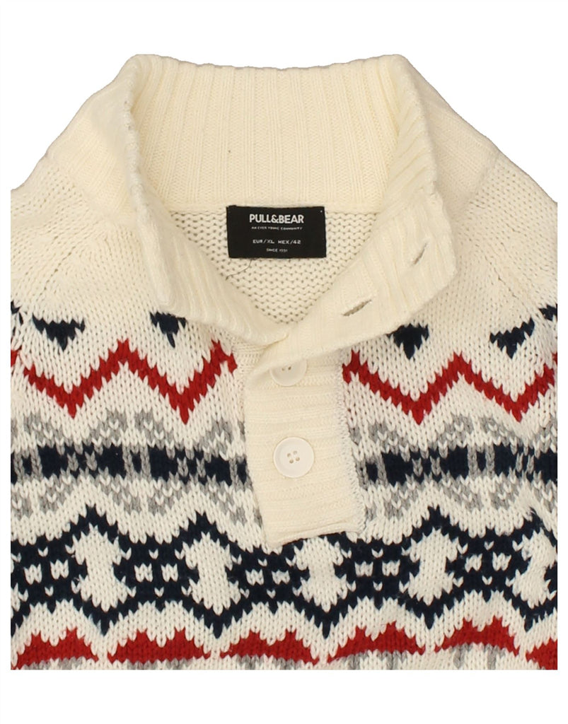 PULL & BEAR Mens Button Neck Jumper Sweater XL Off White Fair Isle Acrylic | Vintage Pull & Bear | Thrift | Second-Hand Pull & Bear | Used Clothing | Messina Hembry 