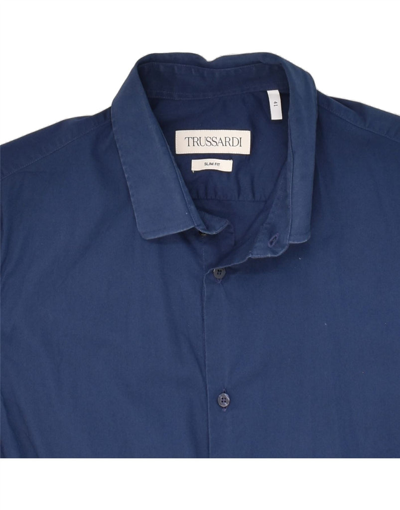 TRUSSARDI Mens Slim Fit Shirt Size 41 Medium Navy Blue Cotton Vintage Trussardi and Second-Hand Trussardi from Messina Hembry 