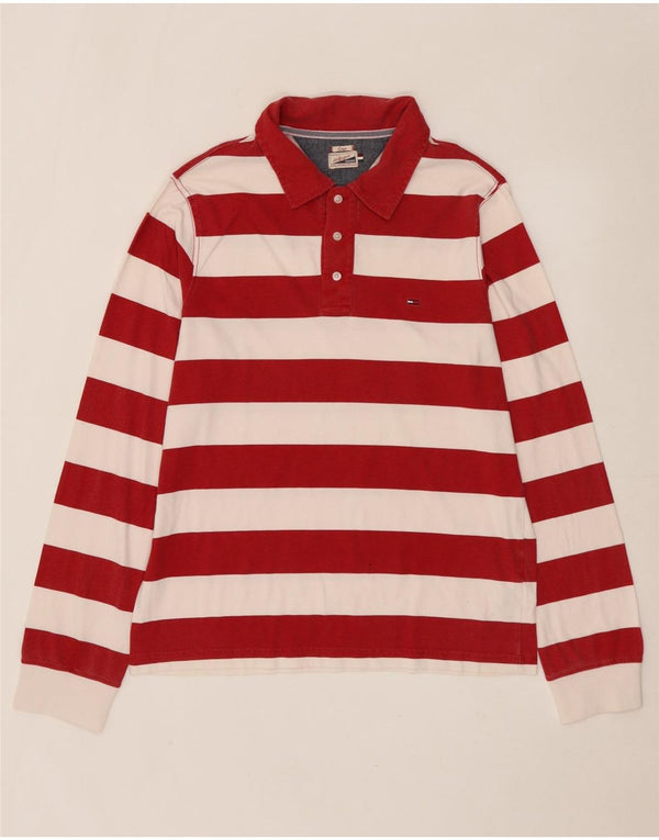 TOMMY HILFIGER Mens Long Sleeve Rugby Polo Shirt Large Red Striped Cotton