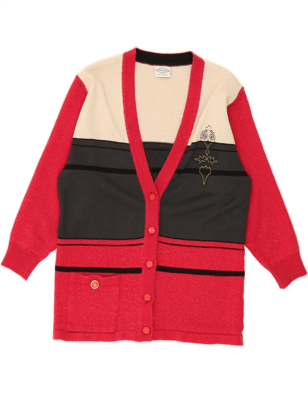 FREYA Womens Cardigan Sweater UK 12 Medium Red Colourblock Vintage Freya and Second-Hand Freya from Messina Hembry 