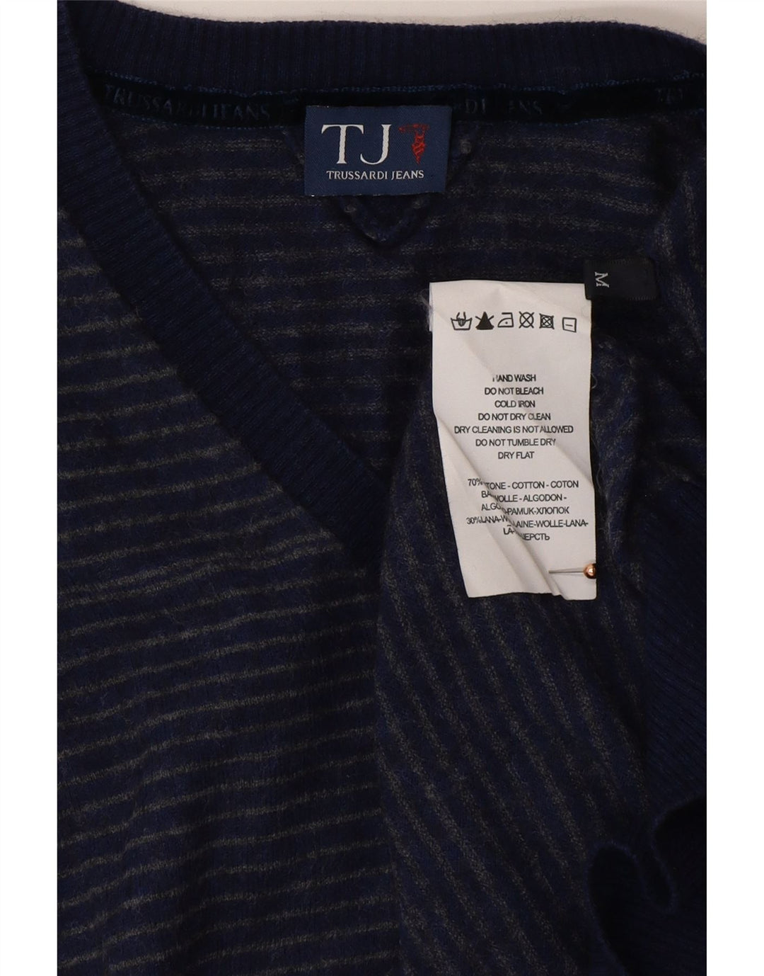 TRUSSARDI JEANS Mens V-Neck Jumper Sweater Medium Blue Striped Cotton