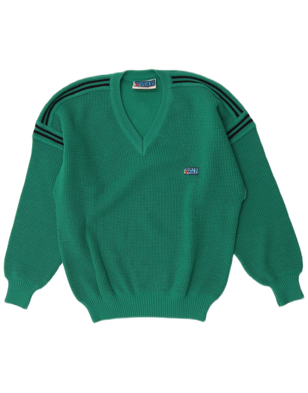 North Pole Mens V-Neck Jumper Sweater Large Green Striped Wool