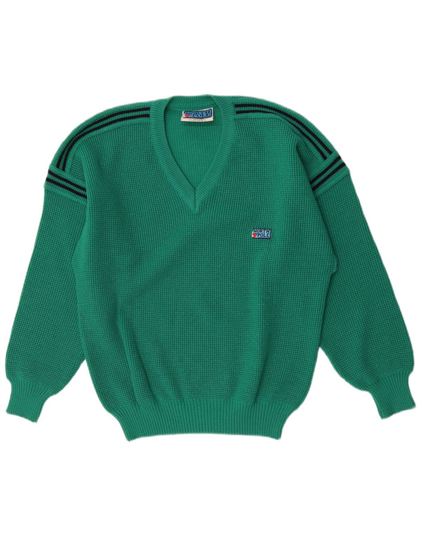 North Pole Mens V-Neck Jumper Sweater Large Green Striped Wool