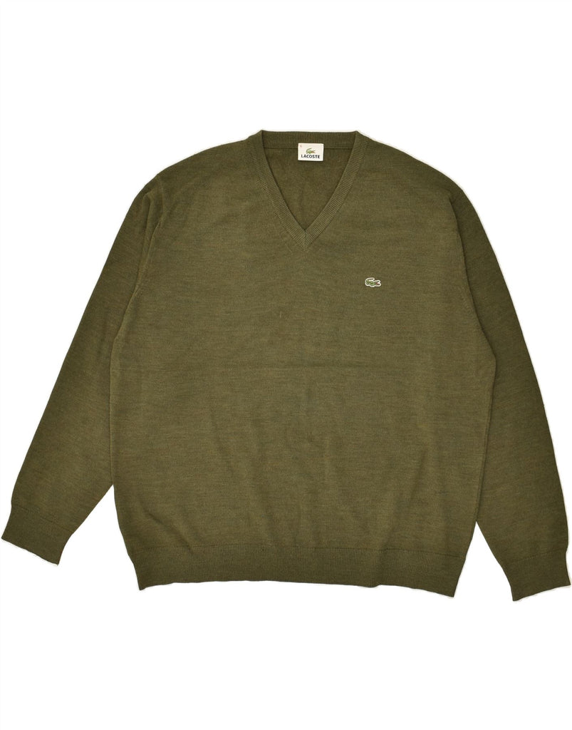 LACOSTE Mens V-Neck Jumper Sweater Size 6 XL Khaki Wool | Vintage Lacoste | Thrift | Second-Hand Lacoste | Used Clothing | Messina Hembry 