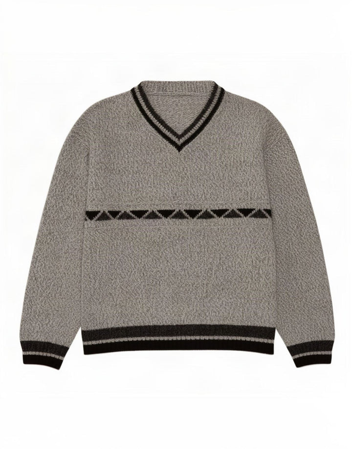 Vintage Mens V-Neck Jumper Sweater Medium Grey Geometric Acrylic