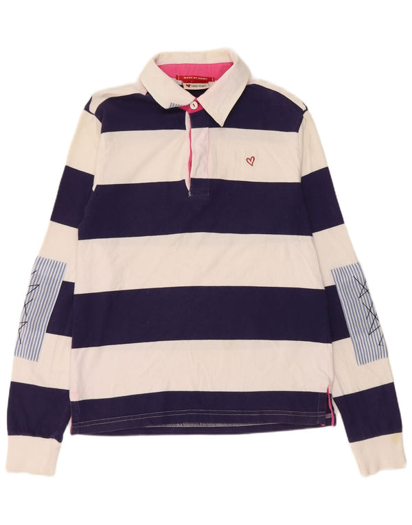 Sweet Years Womens Graphic Rugby Polo Shirt UK 14 Medium Navy Blue Striped