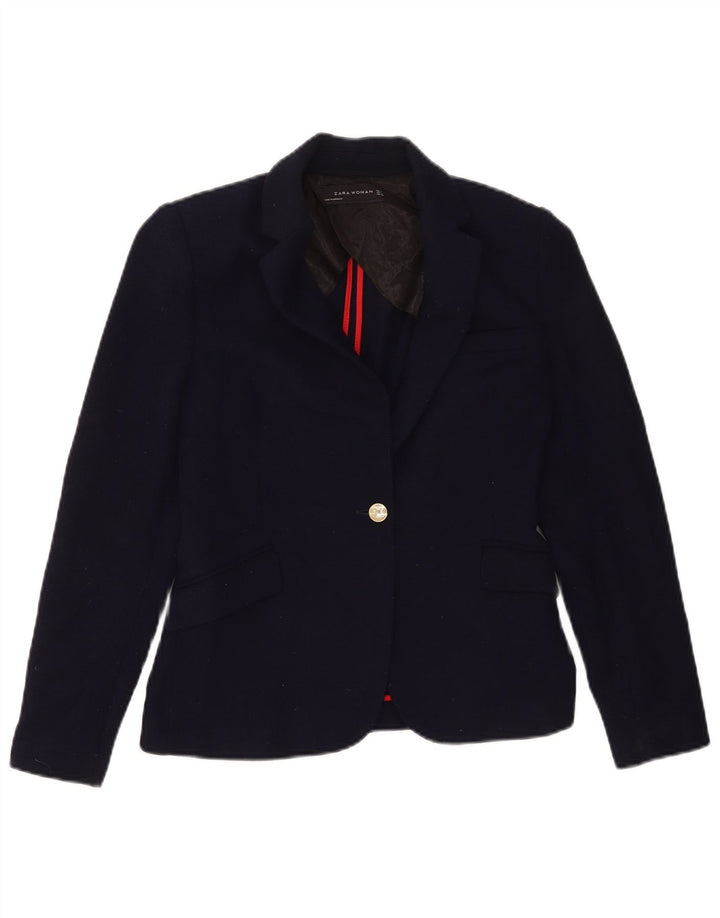 Zara Womens 1 Button Blazer Jacket UK 12 Medium Navy Blue Polyester