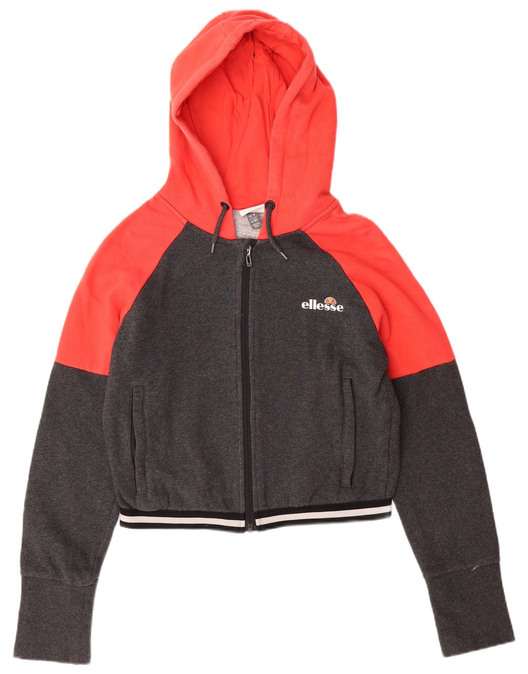 ELLESSE Womens Oversized Crop Zip Hoodie Sweater UK 6 XS Grey Colourblock