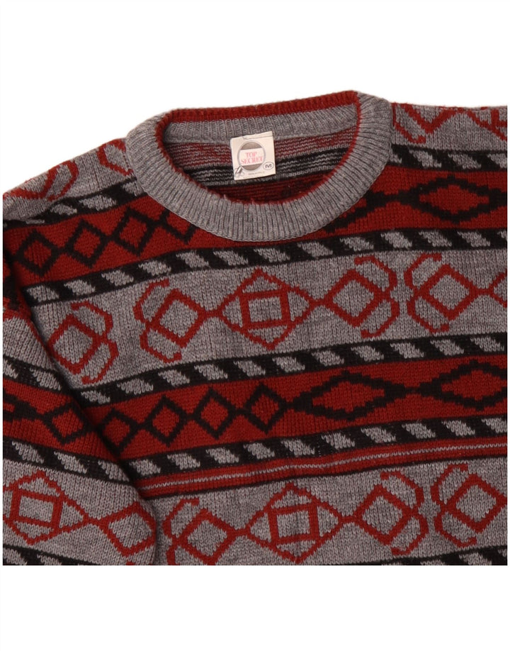 VINTAGE Mens Crew Neck Jumper Sweater Medium Grey Geometric Acrylic