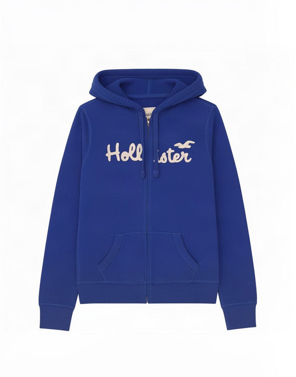 Hollister Womens Graphic Crop Zip Hoodie Sweater UK 16 Large Blue Cotton