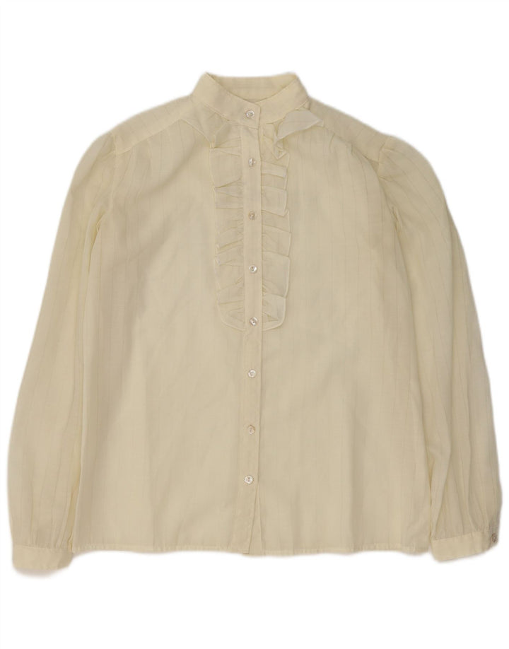 VINTAGE Womens Ruffle Front Shirt Blouse UK 16 Large Off White Striped