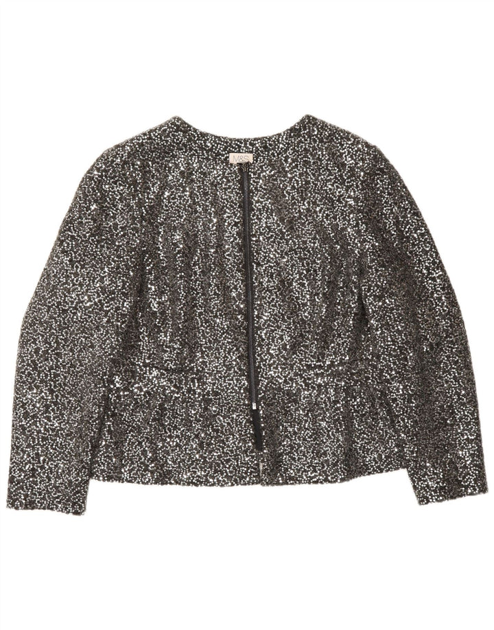 Marks & Spencer Womens Full Zip Sequin Blazer Jacket UK 14 Medium Silver