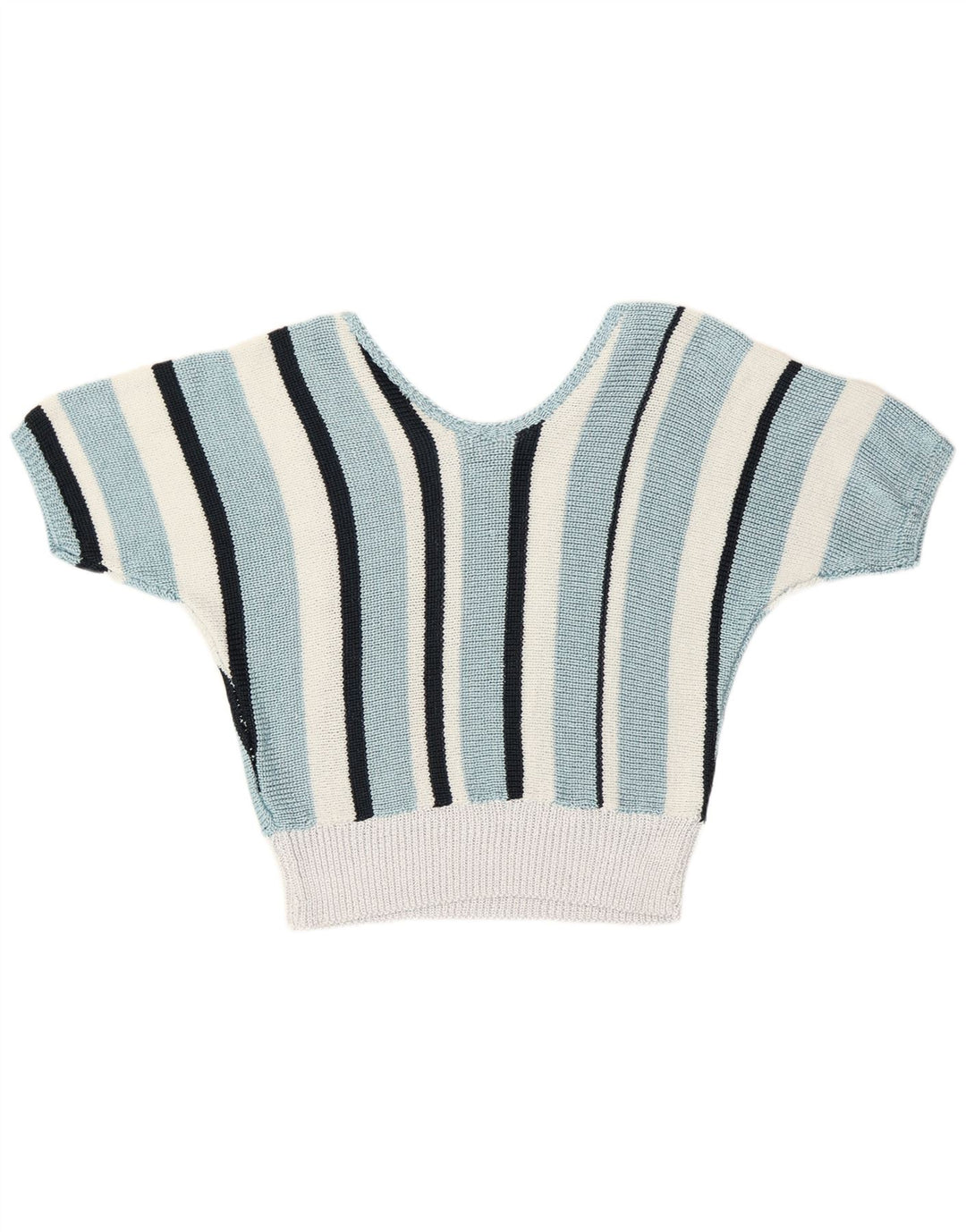 Vintage Womens V-Neck Jumper Sweater UK 12 Medium Blue Striped Retro