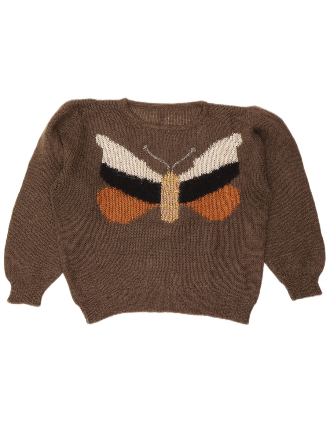VINTAGE Womens Crop Crew Neck Jumper Sweater UK 16 Large Brown Butterfly