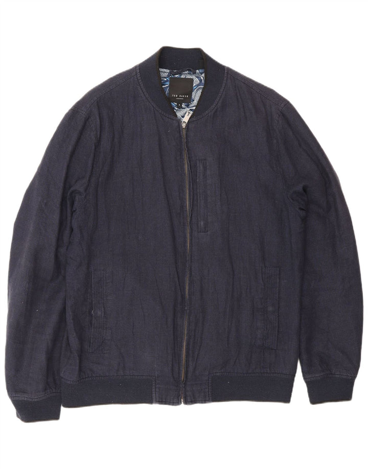 Ted Baker Mens Bomber Jacket Size 4 Large Navy Blue Linen