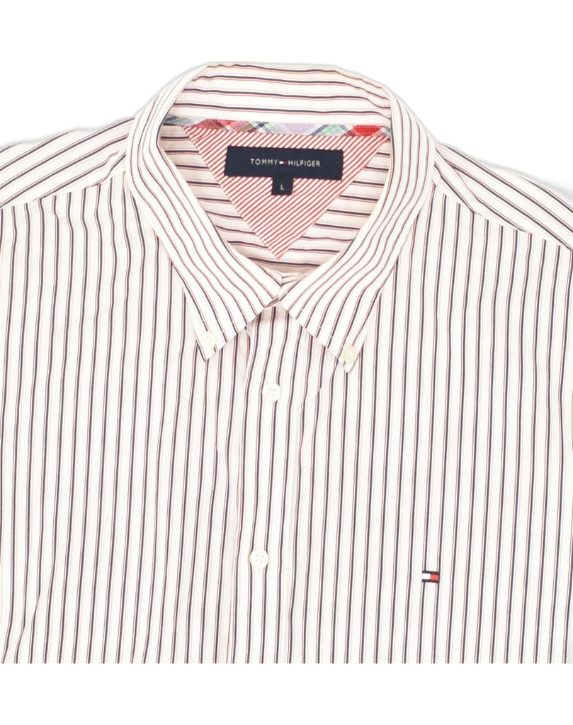 TOMMY HILFIGER Mens Shirt Large White Striped Cotton | Vintage Tommy Hilfiger | Thrift | Second-Hand Tommy Hilfiger | Used Clothing | Messina Hembry 