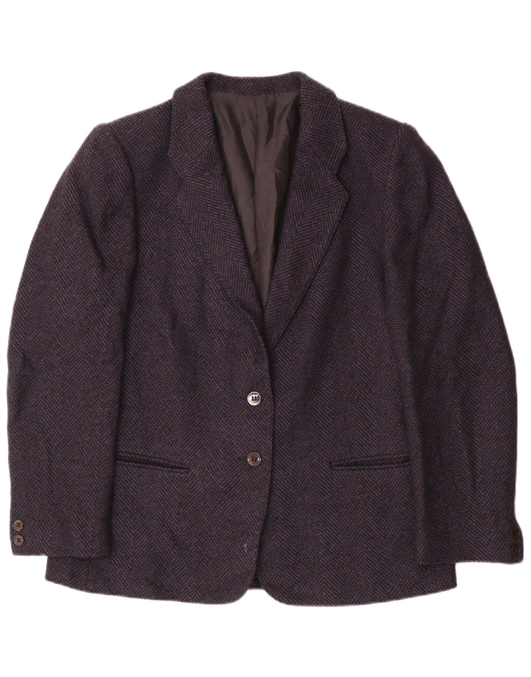 Vintage Womens 2 Button Blazer Jacket UK 14 Medium Navy Blue Chevron Wool